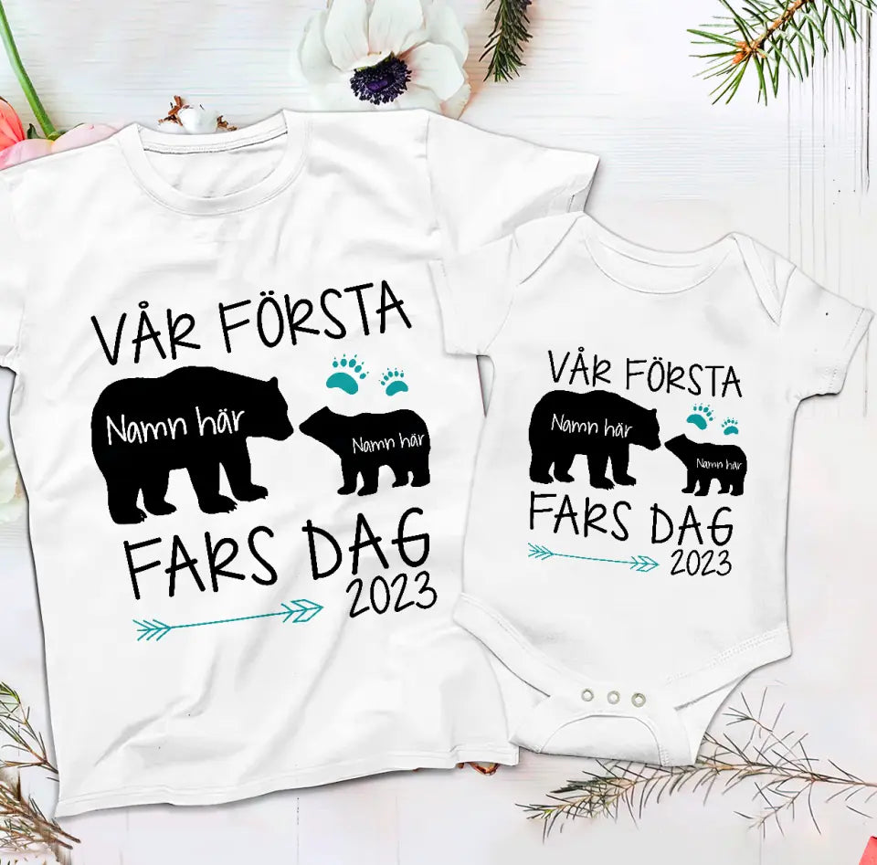 Personlig t-skjorte for en nybakt far - Vår første farsdag 2023