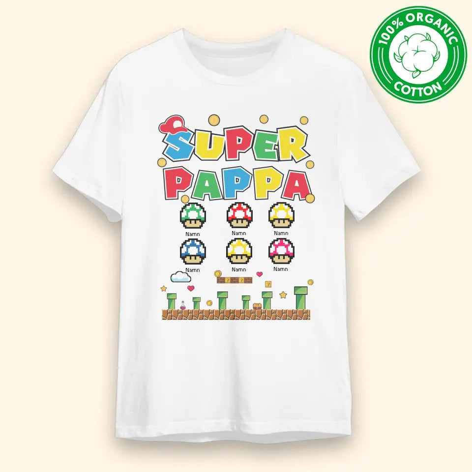 Ekologisk T-shirt till Pappa | Personlig present till Far | Super Pappa vit T-shirt