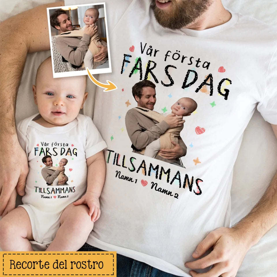 Vores første fars dag sammen - Matchende T-shirt med brugerdefineret foto til far og baby