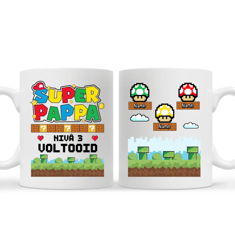 Super pappa Nivå 3 Voltooid - Personlig mugg till Dad