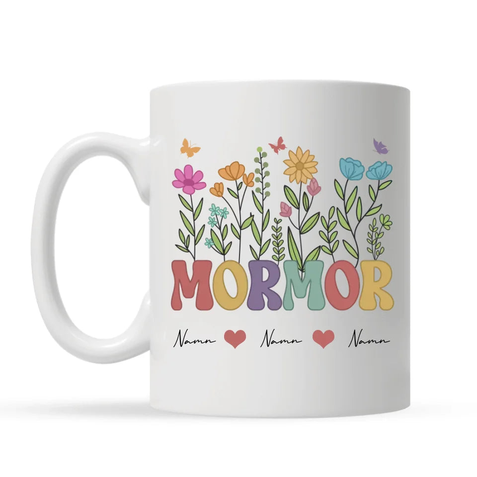 Personlig mugg till Farmor Mormor - Blommor med egna namn