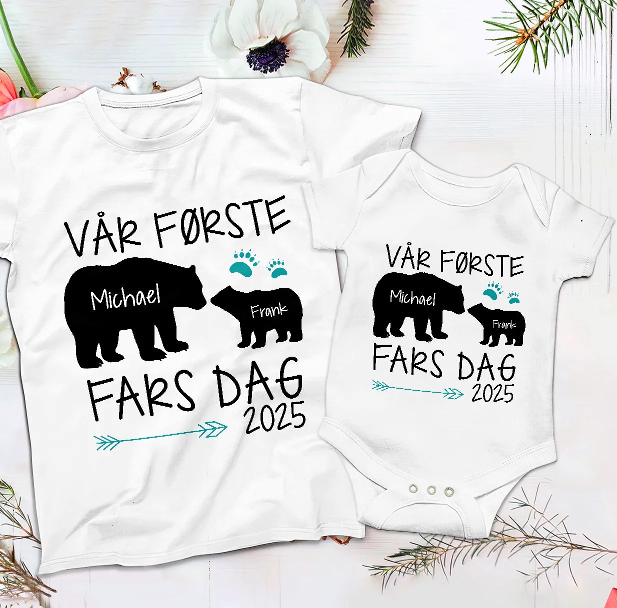Personlig t-shirt til nybagt far | Personlig gave til nybagt far | Vores første fars dag i 2025