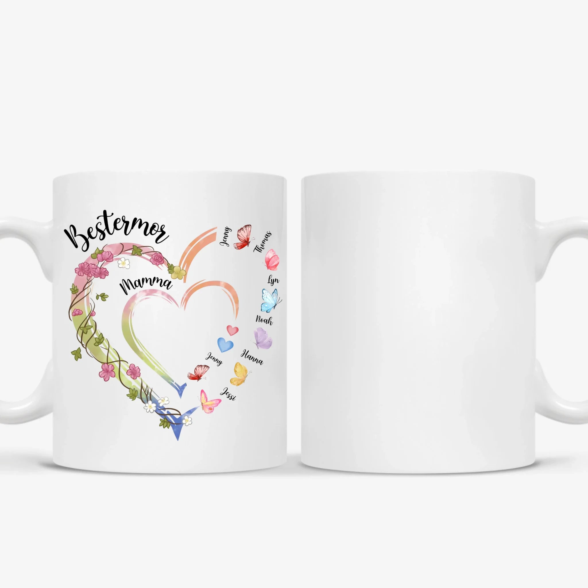 Bestemor hjerte krus – Personalig med navn og sommerfugler