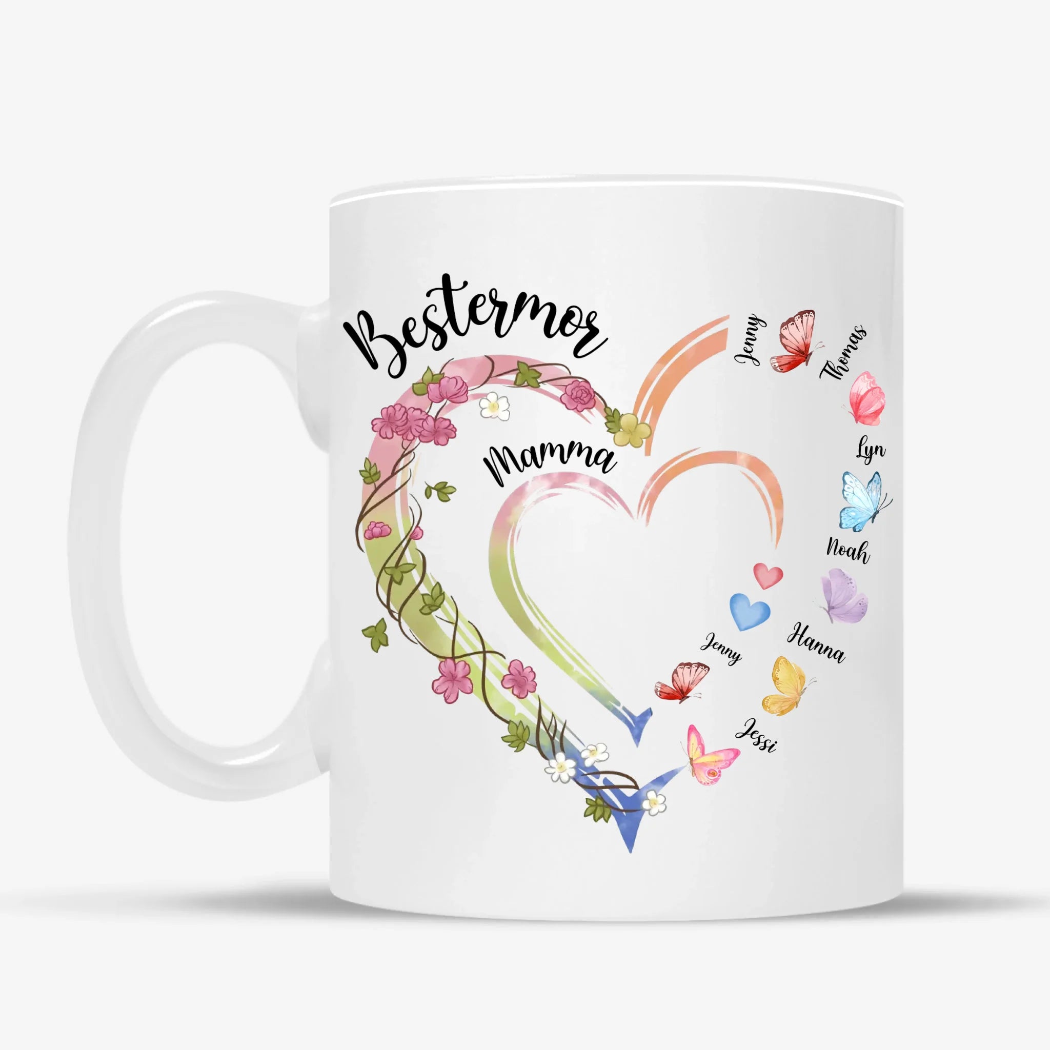 Bestemor hjerte krus – Personalig med navn og sommerfugler