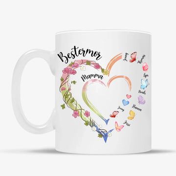 Bestemor hjerte krus – Personalig med navn og sommerfugler
