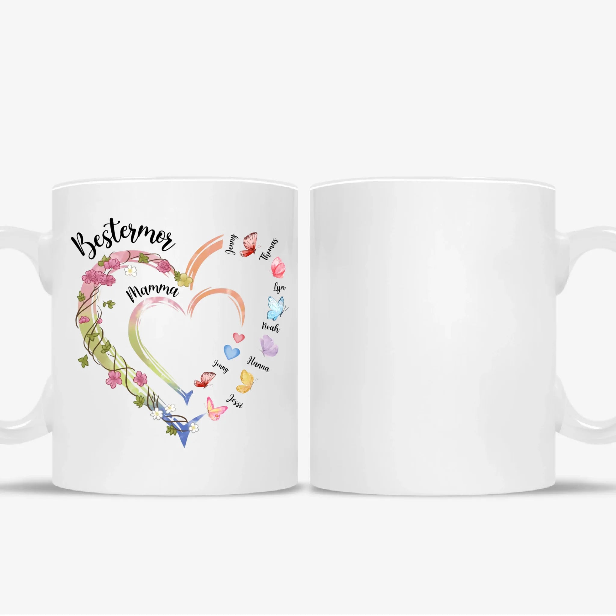 Bestemor hjerte krus – Personalig med navn og sommerfugler