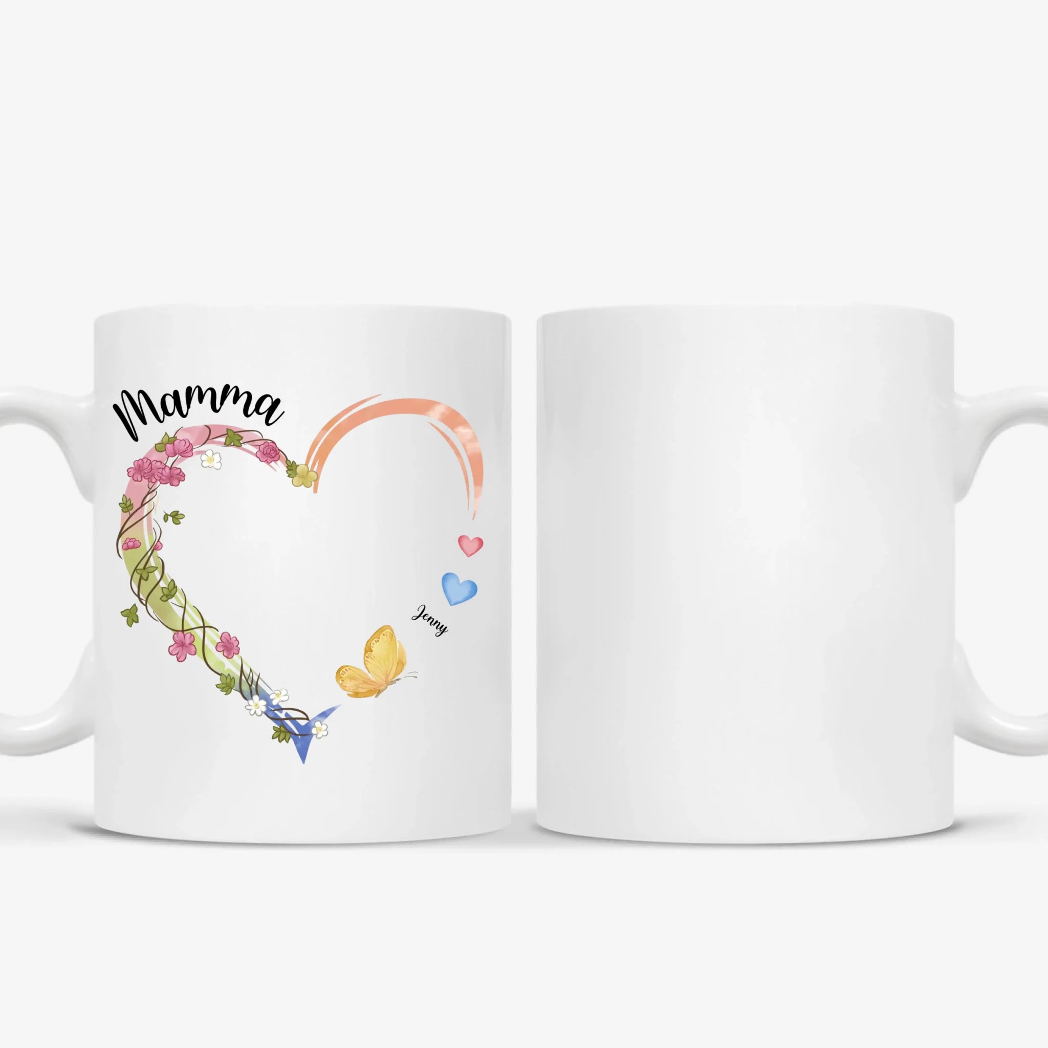 Mamma hjerte krus – Personalig med navn og sommerfugler