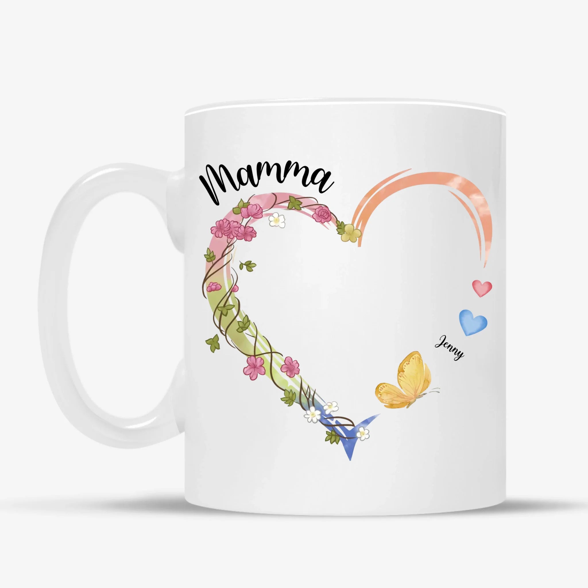 Mamma hjerte krus – Personalig med navn og sommerfugler