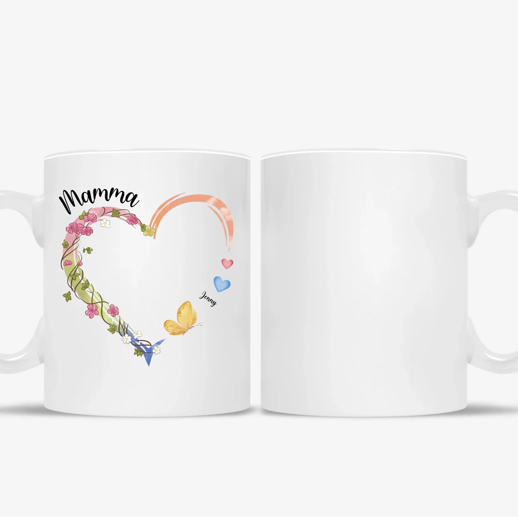 Mamma hjerte krus – Personalig med navn og sommerfugler