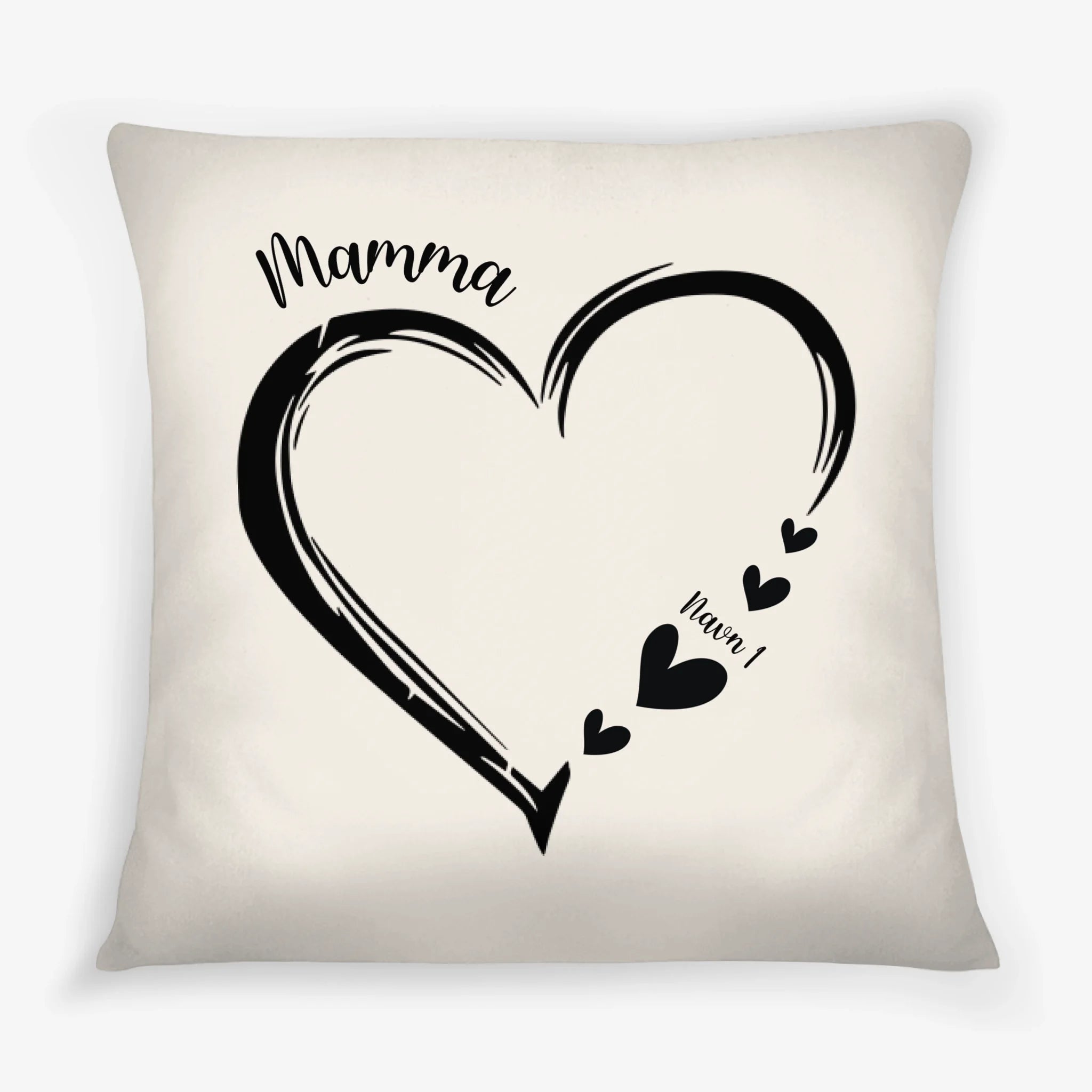 Firkantet pute med hjertedesign, navnet kan endres.