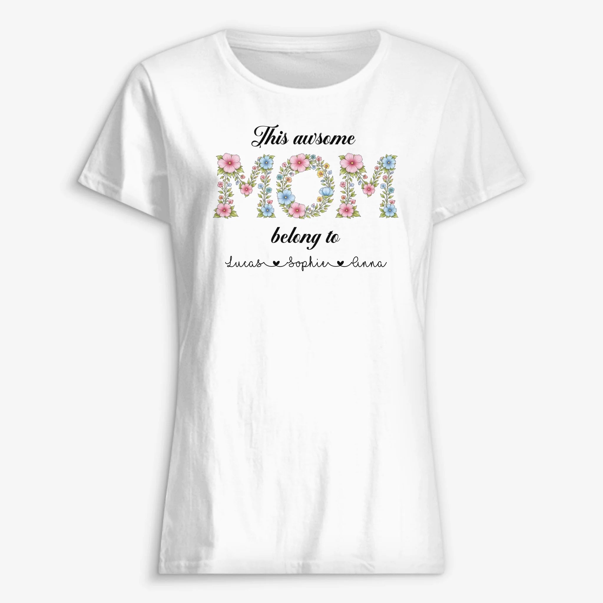 Personlig t-shirt med babyansikte och texten “This Awsome Mom belong to kids"