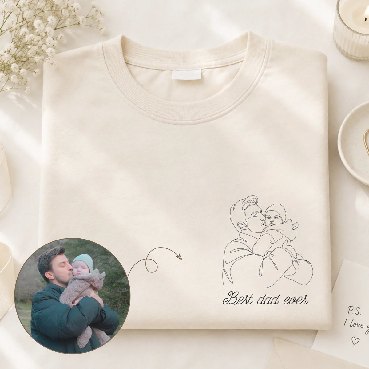 Personlig T-skjorte til pappa og familie med eget line art-portrett